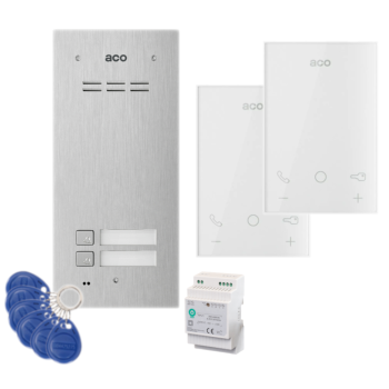 ZESTAW DOMOFONOWY ACO FAM-P-2NPACC + 2 UNIFONY UP800 G2 + ZASILACZ NA SZYNĘ DIN 15V